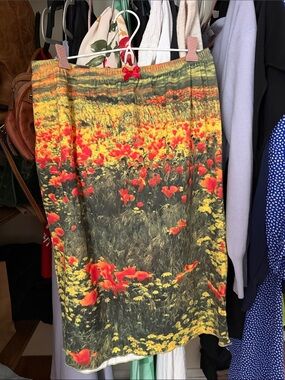 NWT Cider Green and Yellow Poppy Field Skirt with Red Bow Accent